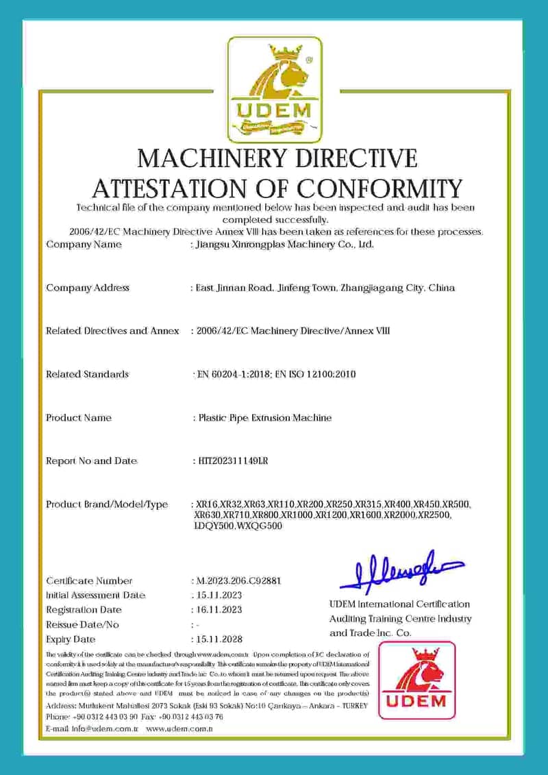 Xinrongplas CE certification for plastic pipe extrusion machinery