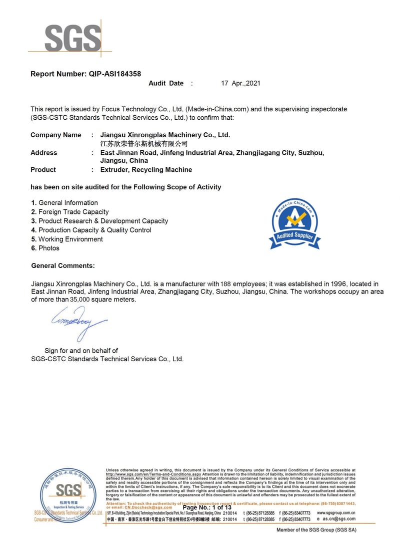 Xinrongplas SGS verification certificate